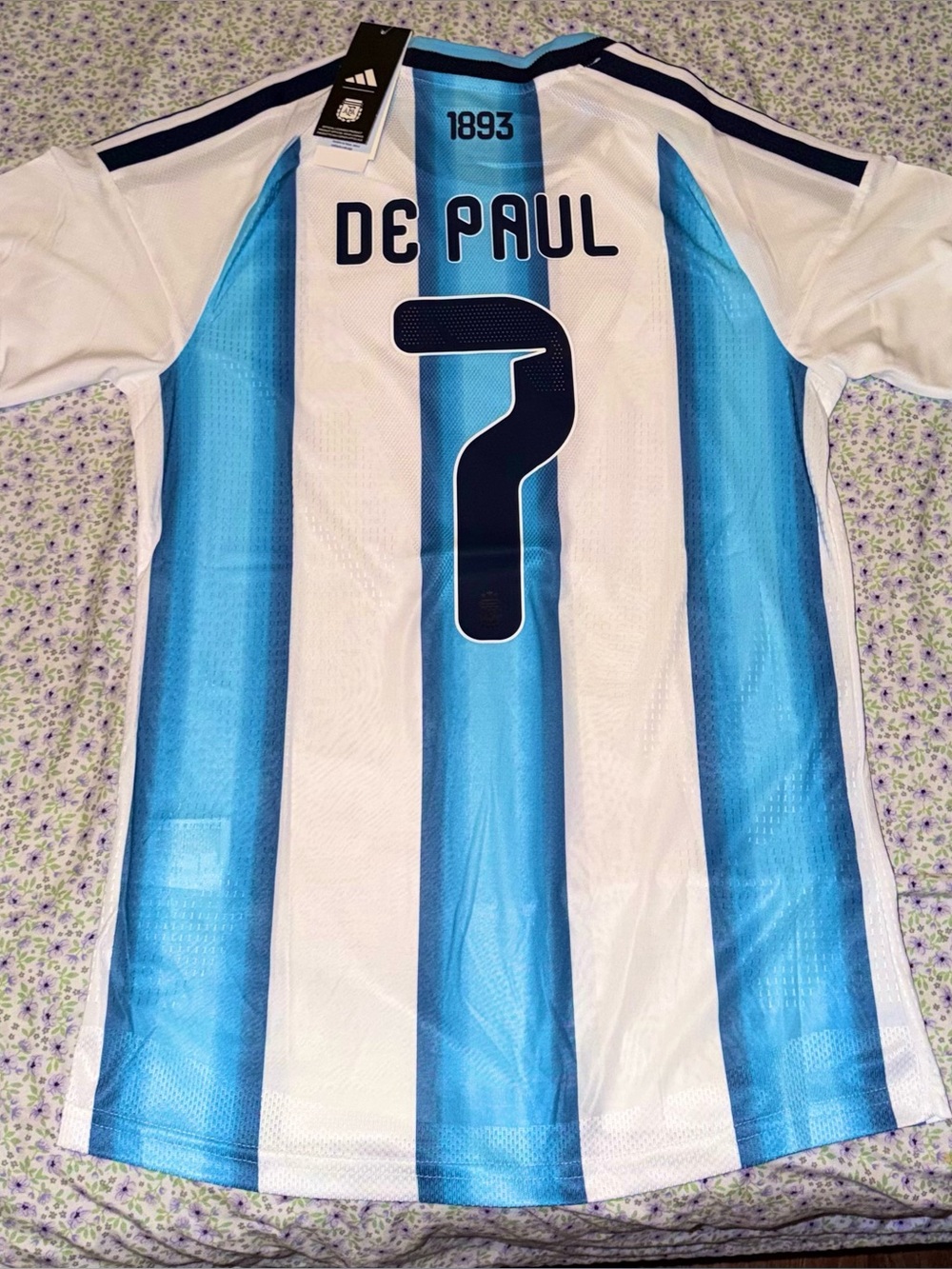 adidas Argentina De Paul #7 Jersey - White & Light Blue Slim Fit Medium